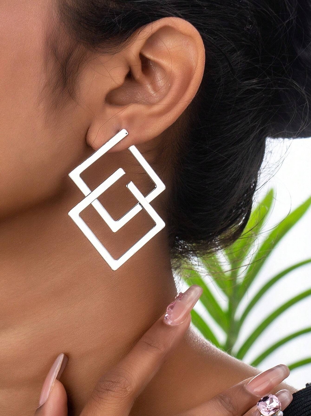 Geometric Double Square Drop Earrings - Silver Tone